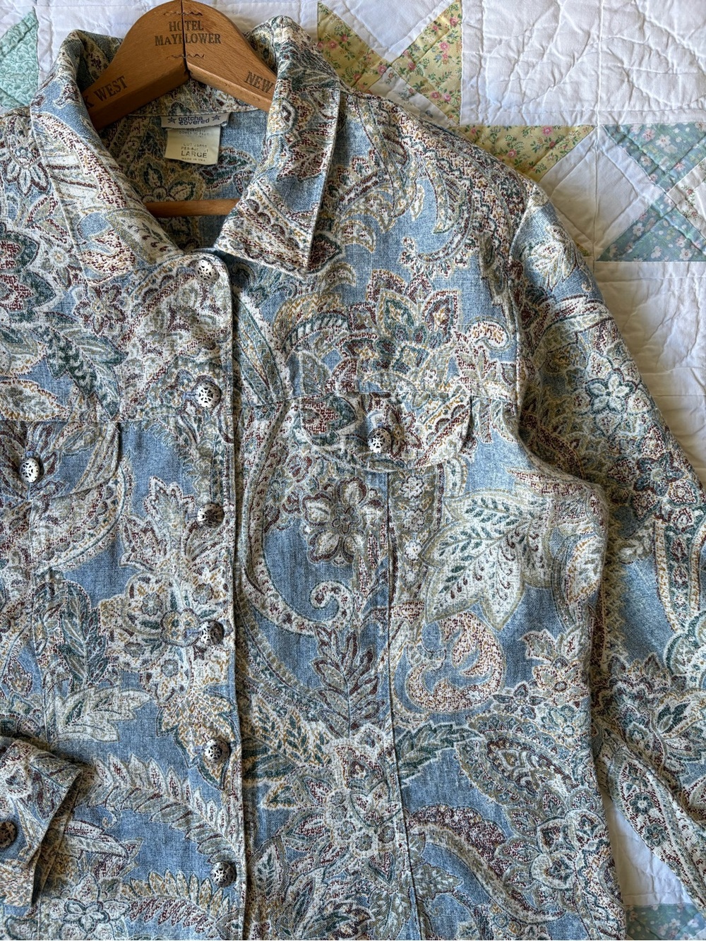 Vintage 100% Linen Paisley Shacket Shirt Jacket Large Cottagecore Coastal